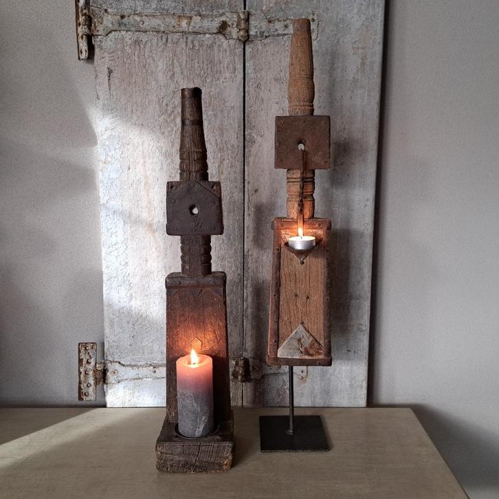 1x Landelijk ornament pinakel kandelaar hout/metaal *Etage3*, Huis en Inrichting, Woonaccessoires | Overige, Zo goed als nieuw