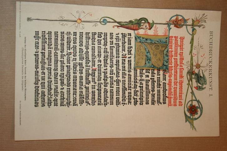 Antieke kleurenlitho - Pagina uit Gutenberg bijbel - 1885 !!, Antiek en Kunst, Kunst | Litho's en Zeefdrukken, Ophalen of Verzenden