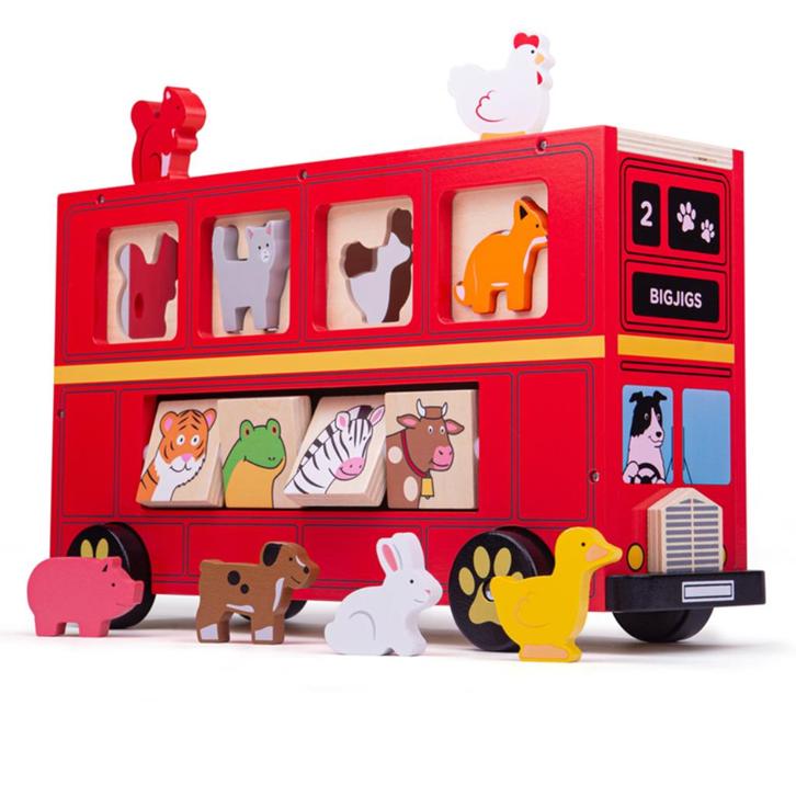 Bigjigs houten rode dieren bus vormenstoof speelbus, Kinderen en Baby's, Speelgoed | Houten speelgoed, Nieuw, Overige typen, Ophalen of Verzenden
