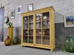 Vintage Houten Vitrinekast Geel | Half Hoge Vitrine Kast 2, 150 tot 200 cm, Ophalen of Verzenden, Antiek Retro Vintage Brocante Landelijk Industrieel