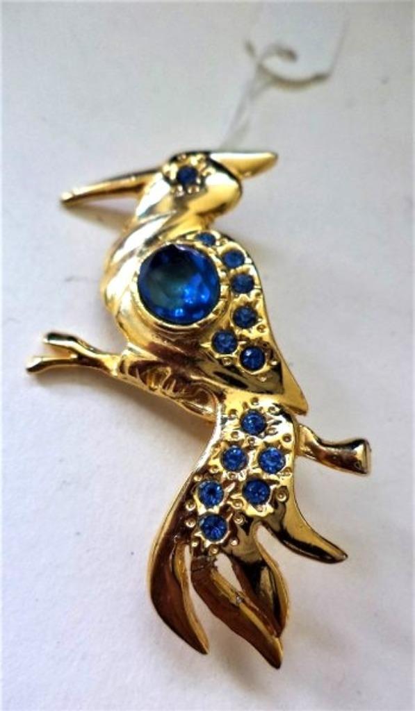 Grote doublé broche vogel met blauwe strass, Sieraden, Tassen en Uiterlijk, Broches, Zo goed als nieuw, Overige materialen, Goud