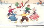 Gelukkig Nieuwjaar*Sneeuwpop*Dansende kinderen*Klompen*Oud, Verzamelen, Ophalen of Verzenden, 1940 tot 1960, Gelopen, Feest(dag)