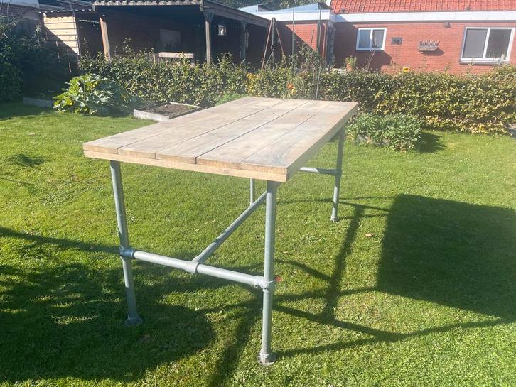 Steigerhouten tafel met steigerbuizen, Tuin en Terras, Tuintafels, Gebruikt, Rechthoekig, Hout, Ophalen