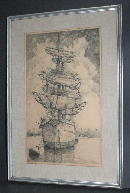 BeschrijvingGrote ets driemaster J.B.A. Lohmann vaste prijs, Antiek en Kunst, Kunst | Etsen en Gravures, Ophalen