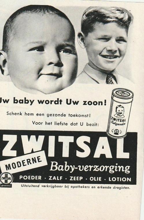 Retro reclame 1956 Zwitsal baby wordt uw zoon poederbus, Verzamelen, Retro, Overige typen, Ophalen of Verzenden