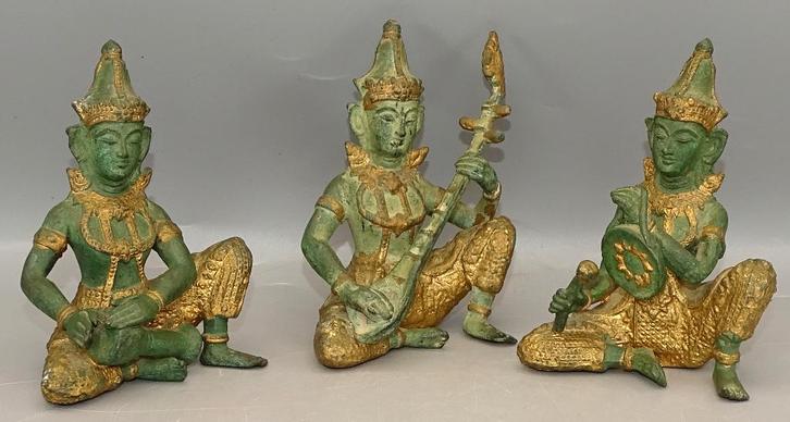 Set van 3 brons Thaise Devata's Tempel Muzikanten beelden, Antiek en Kunst, Kunst | Beelden en Houtsnijwerken, Ophalen of Verzenden