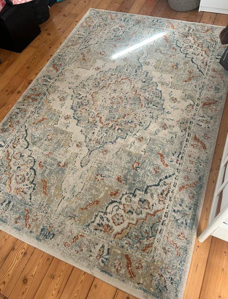 Vintage stijl vloerkleed tapijt blauw oranje beige, Huis en Inrichting, Stoffering | Tapijten en Kleden, Zo goed als nieuw, 150 tot 200 cm