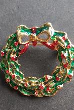 Vintage Kerstkrans Broche - Groen Emaille & Goudkleurig, Sieraden, Tassen en Uiterlijk, Broches, Ophalen of Verzenden, Gebruikt