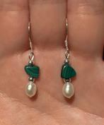 Volledig zilveren oorbellen met malachiet en parels, Hangers, Verzenden, Nieuw, Met edelsteen