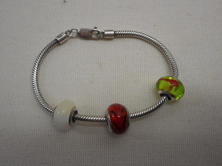 Zilveren armband met 3 murano bedels zilveren kern nr.1444, Sieraden, Tassen en Uiterlijk, Armbanden, Zo goed als nieuw, Zilver