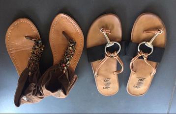 Nieuwe Italiaanse slippers leren maat 38 bruin zwart steent. beschikbaar voor biedingen