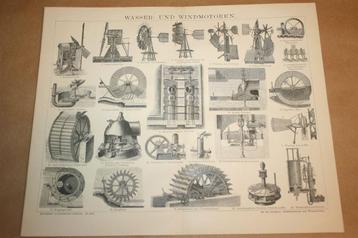 Antieke prent - Windmolens en watermolens - ca 1885 !! beschikbaar voor biedingen