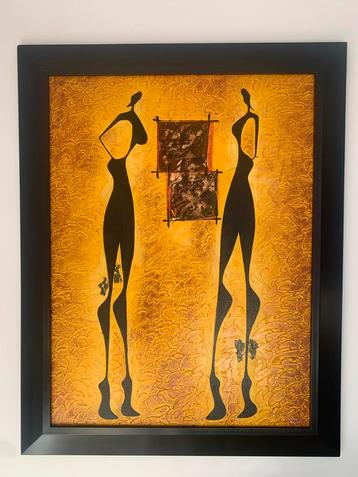 Okergeel schilderij met zwart, 90x118cm beschikbaar voor biedingen