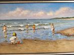 Olieverfschilderij van strandgezicht met spelende kinderen., Ophalen of Verzenden