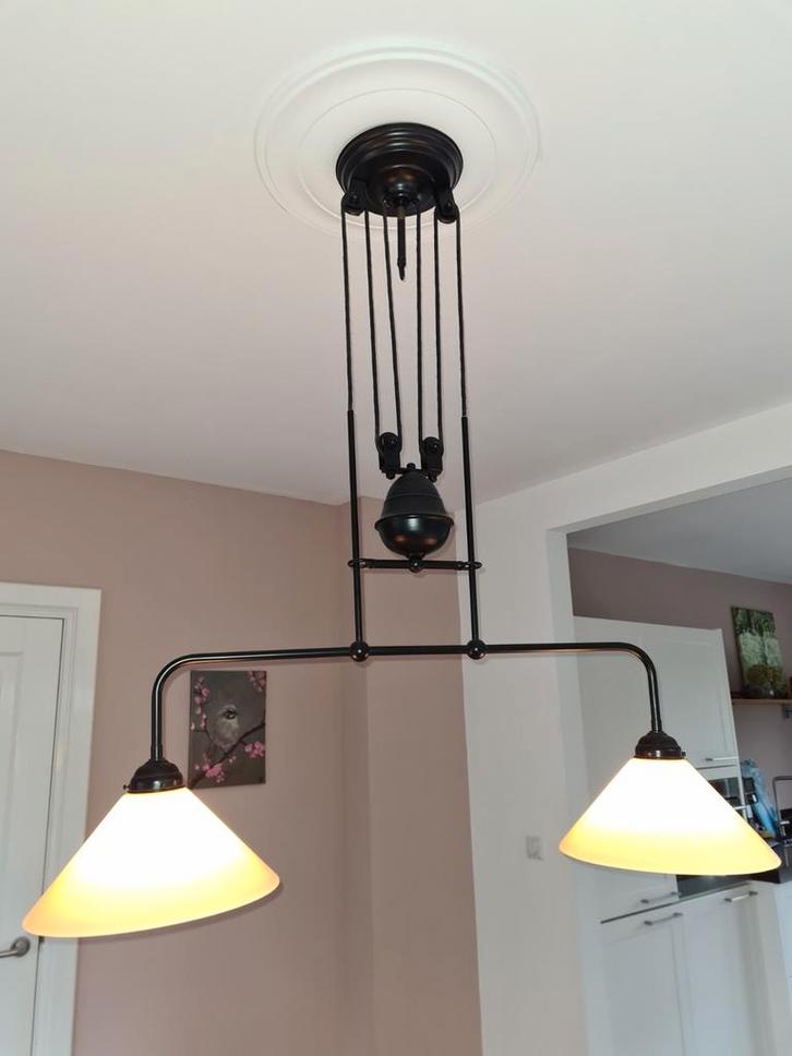 Oude Katrollamp - Sfeervolle Verlichting, Huis en Inrichting, Lampen | Hanglampen, Gebruikt, 50 tot 75 cm, Glas, Metaal, Ophalen of Verzenden