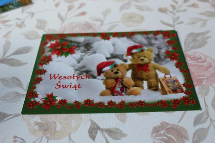Kerst Postkaart - 2 Teddy's in de Sneeuw, Kerstmuts, Polen, Verzamelen, Ansichtkaarten | Themakaarten, Ongelopen, 1980 tot heden