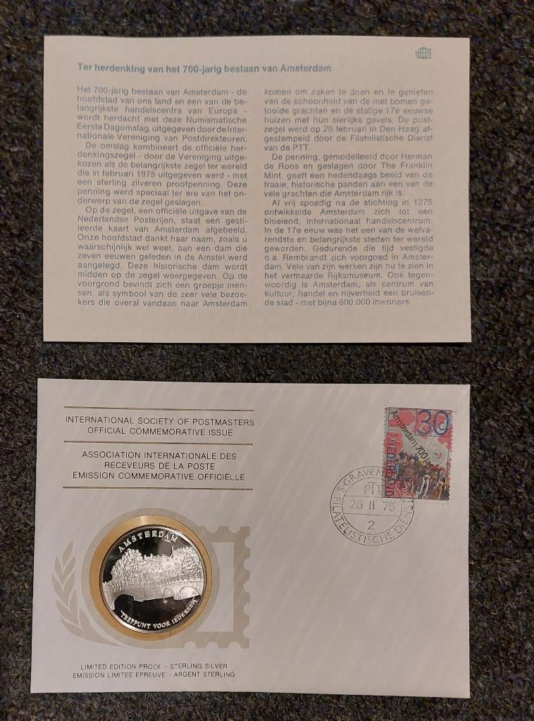 Amsterdam 700 jaar ,Postzegel , Penning zilver, Postzegels en Munten, Ophalen of Verzenden, Onbeschreven, Nederland