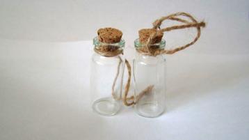 Mini glazen flesjes 5,5 cm met kurk en touw p/st. beschikbaar voor biedingen