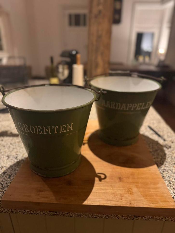 Set vintage geëmailleerde emmers Aardappelen & Groenten, Antiek en Kunst, Antiek | Emaille, Ophalen of Verzenden