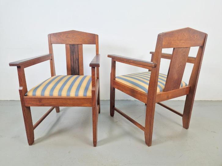 Set 2 art deco fauteuil amsterdamse school eiken ebben ’20, Huis en Inrichting, Stoelen, Gebruikt, Twee, Hout, Overige materialen