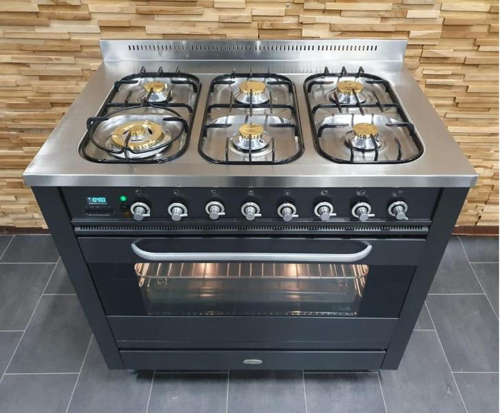 Luxe Boretti Fornuis 90cm antraciet + rvs 6 pits 1 oven, Witgoed en Apparatuur, Fornuizen, Zo goed als nieuw, Vrijstaand, Gas