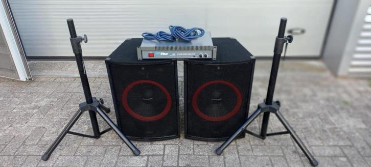 geluidsinstallatie speakers versterker en statieven € 250,-, Audio, Tv en Foto, Luidsprekers, Gebruikt, Front, Rear of Stereo speakers