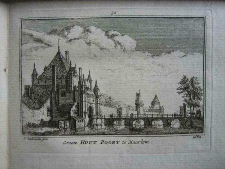 058 / Haarlem groote Houtpoort Kopergravure 18e eeuw, Antiek en Kunst, Kunst | Etsen en Gravures, Ophalen of Verzenden