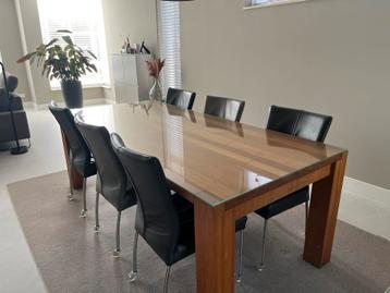 Eiken Houten eettafel met glazen plaat 2.20m op 1m beschikbaar voor biedingen