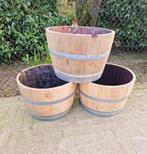 Halve eiken wijnvaten - bloembak - plantenbak - tuin, Tuin, Rond, Ophalen of Verzenden, Zo goed als nieuw