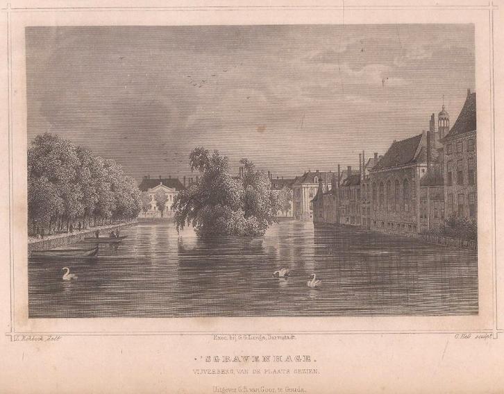 's Gravenhage Vijverberg van de Plaats gezien 1858 Staalgrav, Antiek en Kunst, Kunst | Etsen en Gravures, Ophalen of Verzenden