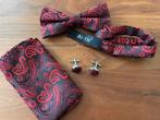 Set vlinderdas, pochet, manchet knopen, Ophalen of Verzenden, Zo goed als nieuw, Rood