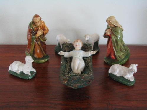 Antiek porseleinen kerstgroep in rieten mand, Diversen, Kerst, Gebruikt, Ophalen of Verzenden