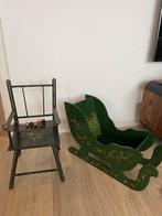 Antieke handgeschilderde poppenstoel en bed, Antiek en Kunst, Antiek | Meubels | Stoelen en Banken, Ophalen of Verzenden