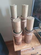 4 houten kandelaars met gouden stompkaarsen, Gebruikt, Ophalen of Verzenden, Hout