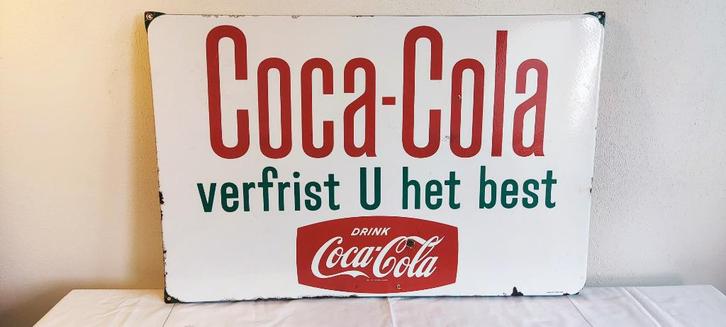 Emaille bord Coca Cola Langcat, Verzamelen, Merken en Reclamevoorwerpen, Gebruikt, Reclamebord, Ophalen