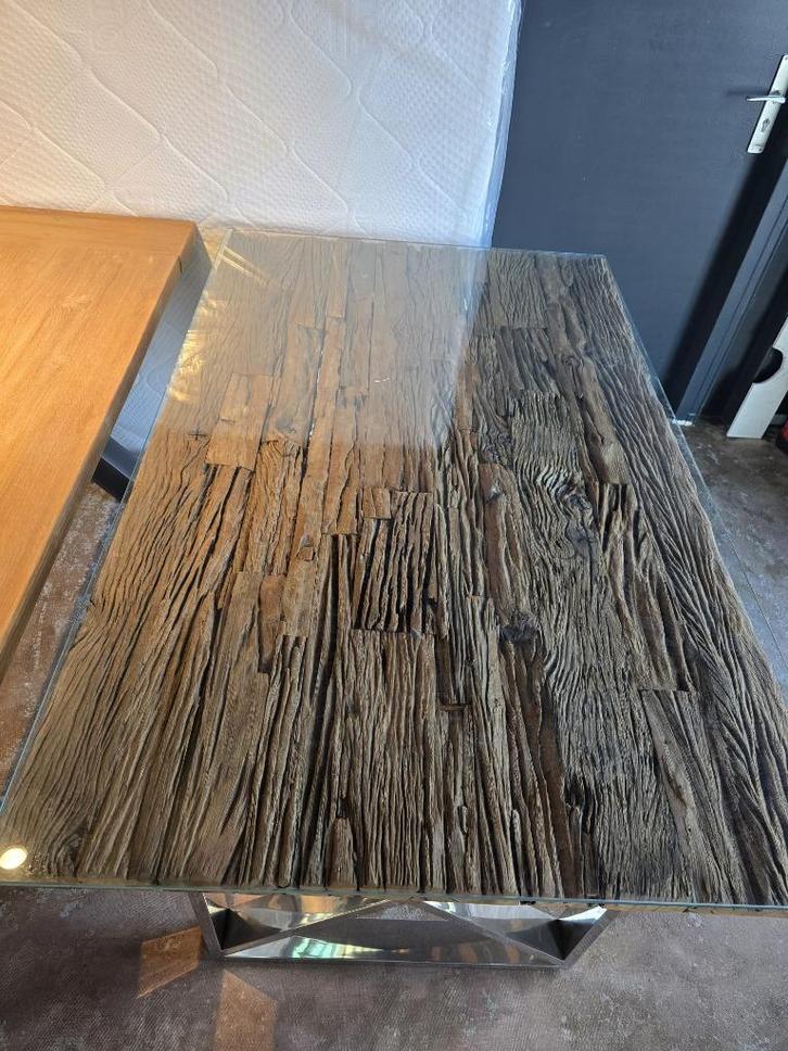 Unieke sleeperwood eettafel met glasplaat, Huis en Inrichting, Tafelonderdelen, Zo goed als nieuw, 200 cm of meer, 50 tot 100 cm