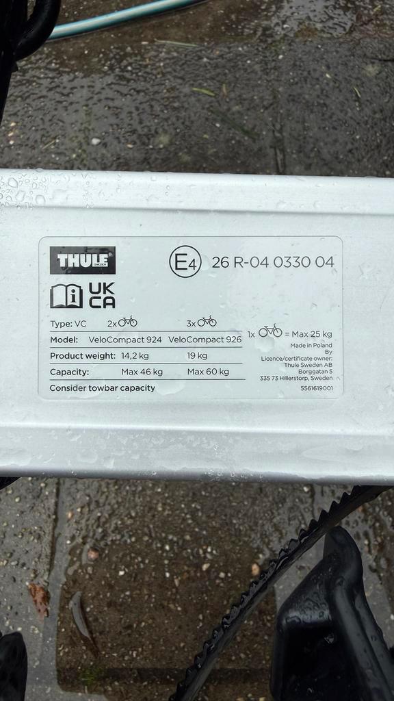 Thule VeloCompact 924 - Zo goed als nieuw!, Auto diversen, Fietsendragers, Zo goed als nieuw, Trekhaakdrager, 2 fietsen, Brede banden