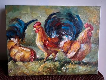 Schilderij van kippen en een haan beschikbaar voor biedingen
