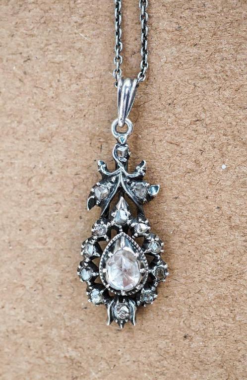 Antieke Zilveren Hanger met 14 Roosdiamanten + zilv. ketting, Sieraden, Tassen en Uiterlijk, Antieke sieraden, Hanger, Zilver