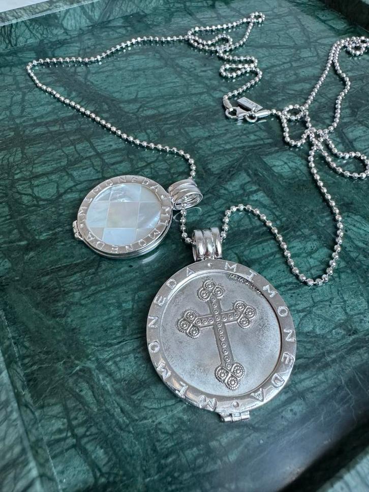 Zilveren Collier met Mi Moneda hangers, Sieraden, Tassen en Uiterlijk, Kettingen, Zo goed als nieuw, Zilver, Met hanger, Ophalen of Verzenden