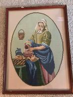 Mooie ingelijst brocant geborduurd schilderij HET MELKMEISJE, Antiek en Kunst, Ophalen of Verzenden