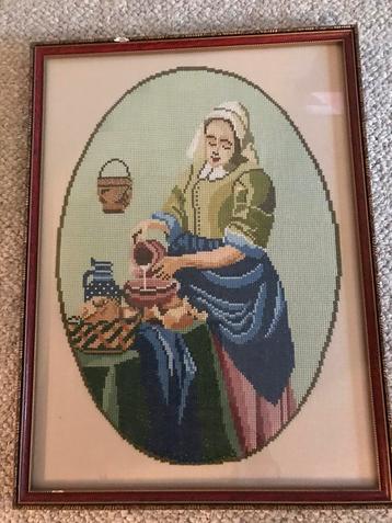 Mooie ingelijst brocant geborduurd schilderij HET MELKMEISJE beschikbaar voor biedingen