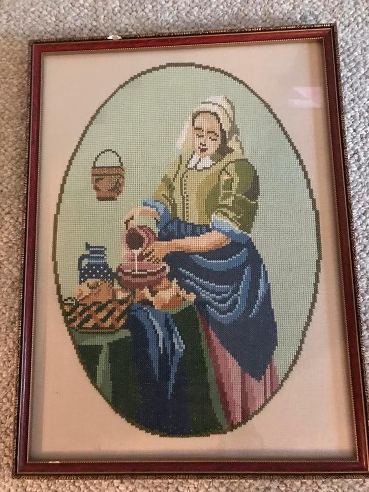 Mooie ingelijst brocant geborduurd schilderij HET MELKMEISJE, Antiek en Kunst, Kunst | Schilderijen | Klassiek, Ophalen of Verzenden