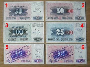 Bosnië en Herzegovina 1993, 6 Biljetten met opdruk (UNC) beschikbaar voor biedingen
