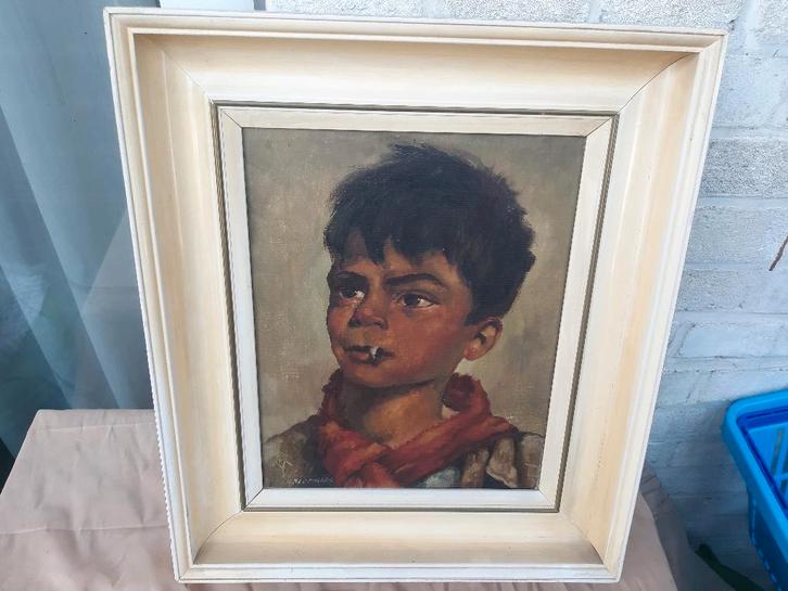 Olieverfschilderij van H. Blommers, Jongetje met een peuk., Antiek en Kunst, Kunst | Schilderijen | Klassiek, Ophalen
