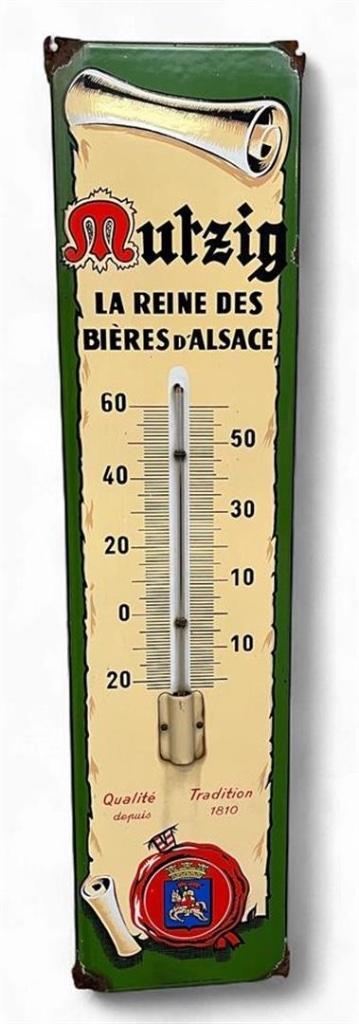 Origineel oud emaille reclame bord Mützig Bière Thermometer, Verzamelen, Merken en Reclamevoorwerpen, Gebruikt, Reclamebord, Ophalen of Verzenden