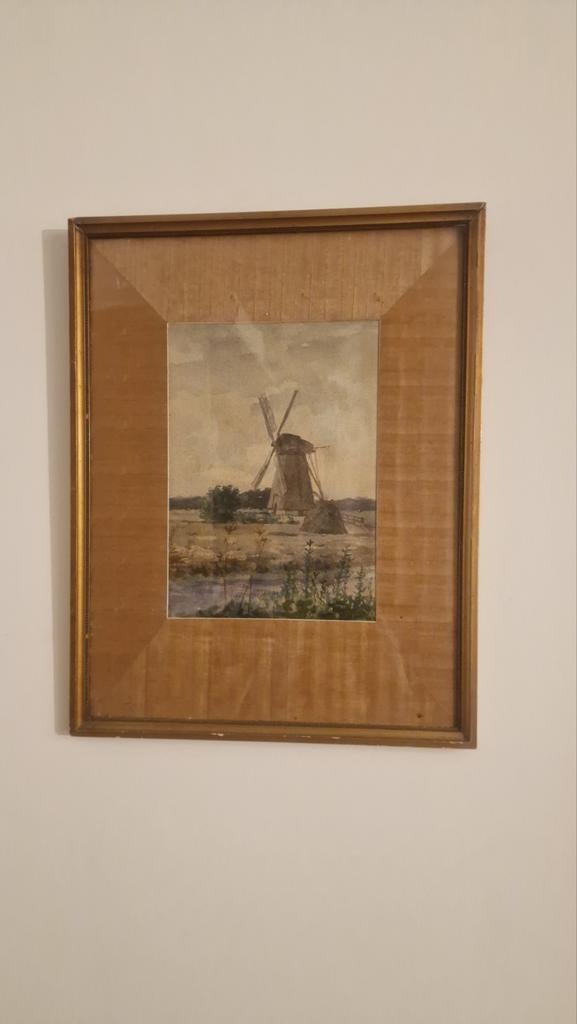 Aquarel van Hendrik Valkenburg - Molen in Nederlands Landsch, Ophalen of Verzenden