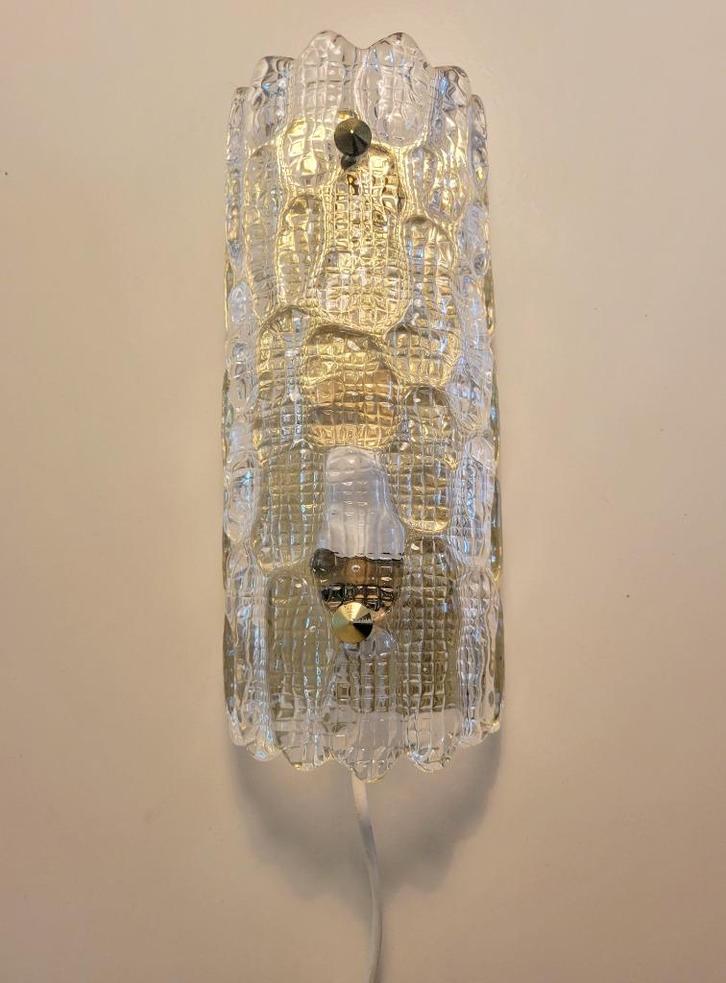 Vintage wandlamp in ijsglas van Carl Fagerlund voor Orrefors, Huis en Inrichting, Lampen | Wandlampen, Gebruikt, Glas, Metaal