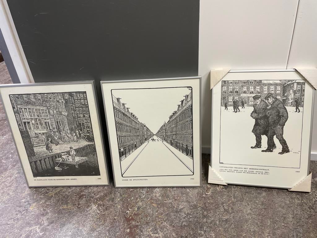 Drie ingelijste prenten van George Hendrik Breitner, Antiek en Kunst, Kunst | Etsen en Gravures, Ophalen of Verzenden