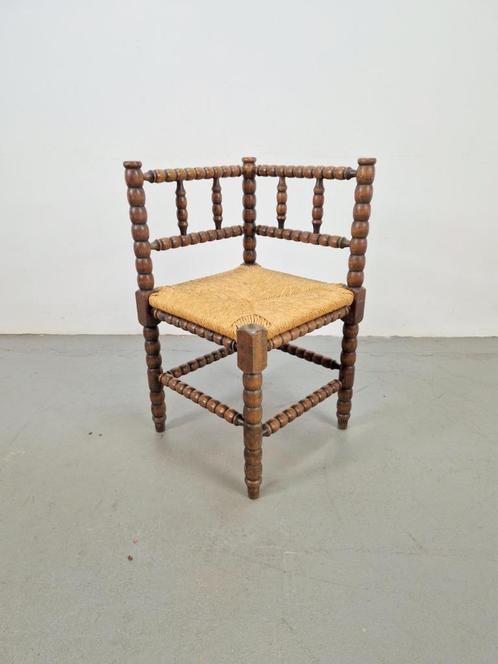 Vintage Bobbin eiken hout hoekstoel biezen ’50 mid century, Huis en Inrichting, Stoelen, Gebruikt, Eén, Hout, Riet of Rotan, Bruin